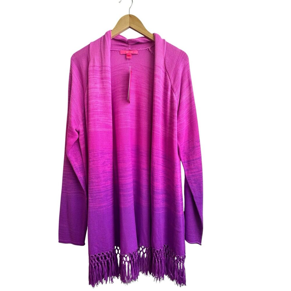 LILLY PULITZER Tatum Cardigan MARBLED OMBRE ORCHID OASIS Fringe XXL 2XL NWT - Picture 2 of 11